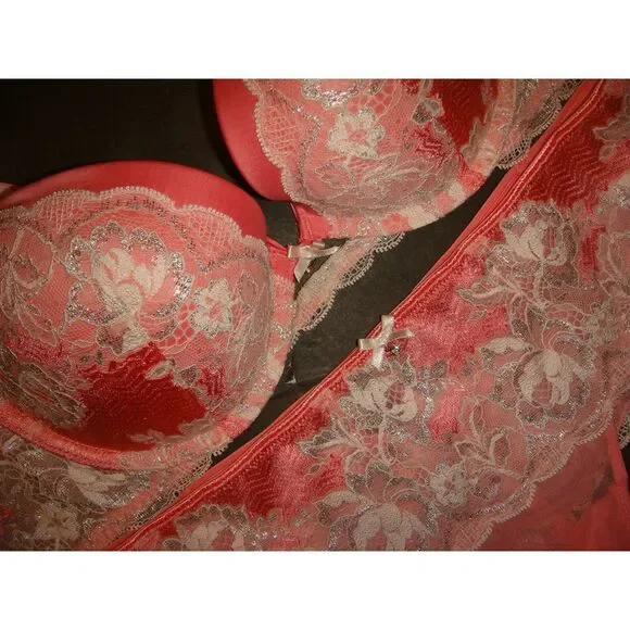 Victoria's Secret 32D,32DDD BRA SET S thongs ORANGE SILVER WHITE SEXY SEDUCTION